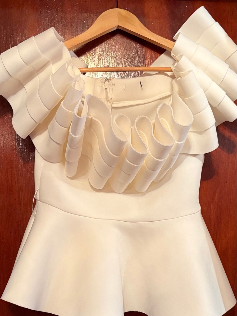Women’s WHY Dress Ivory Ruffle Neck Peplum Top & Skirt